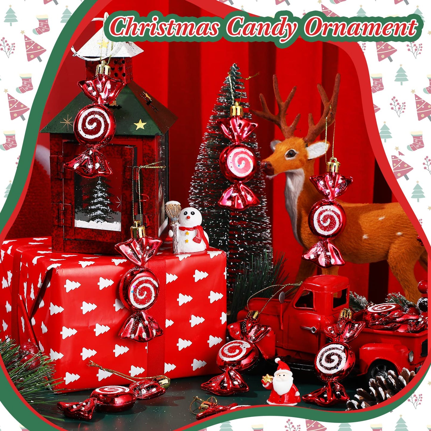 Threan 12 Pcs Christmas Candy Ornaments for Tree Decoration Hanging Glitter Candy Cane Christmas Peppermint Ornament with Golden Rope for Xmas Holiday Decoration(Red,Plastic)