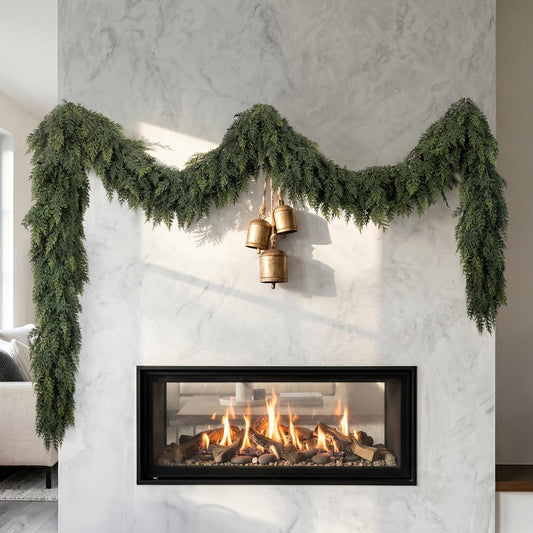 2PCS 9FT Christmas Cedar Garland, Realistic Thick Soft Artificial Pine Greenery, Full Lush Faux Cedar for Fireplace Mantel Staircase Railing Front Door Porch Window Indoor Outdoor Home Party Decor