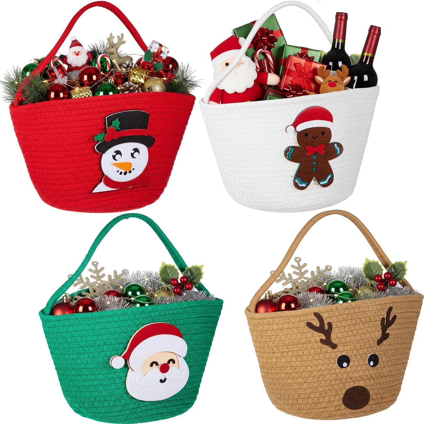 Sliner 4 pcs Christmas Woven Basket Empty for Gifts Woven Cotton Rope Basket with Christmas Xmas Decoration Storage with Handle for Baby Showers Snack Storage Xmas Decor Party Supplies Gifts