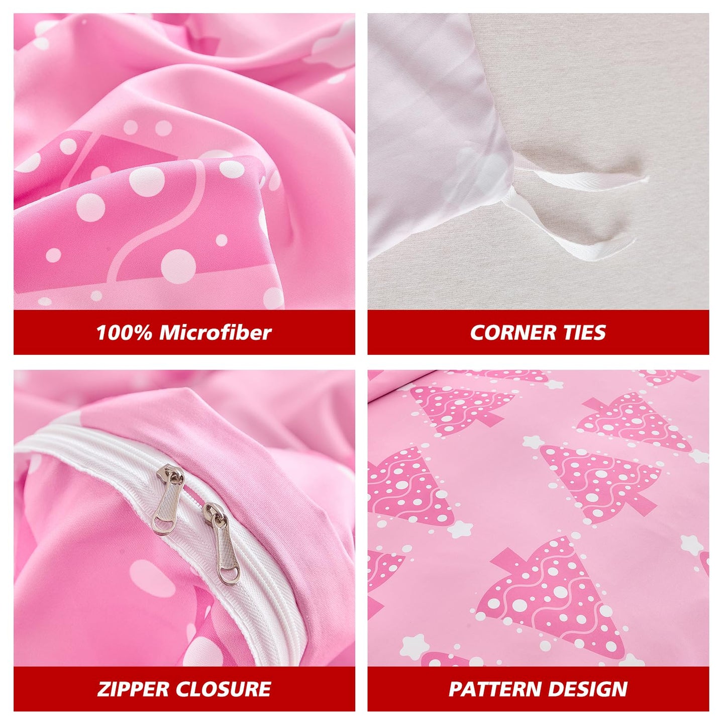 Joyreap 3pcs Christmas Duvet Cover Set King, Pink Xmas Tree Design Bedding Set, Includes 1 Duvet Cover and 2 Pillow Shams
