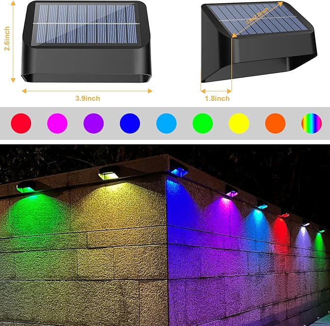 Brighter Solar Fence Lights 4 Pack, RGB 8 Colors, Dusk to Dawn Deck Light, Fence Solar Lights Outdoor IP65 Waterproof, Solar Outdoor Lights for Backyard/Railing/Wall/Step/Patio(Black)