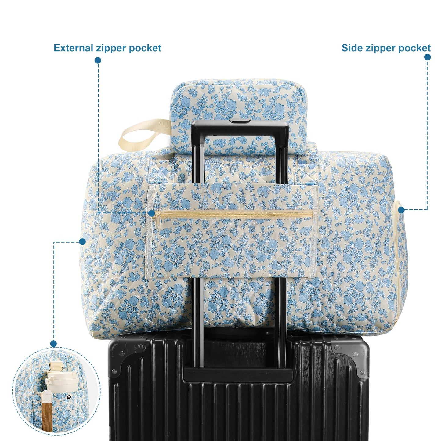 GLOMAXLY Floral Quilted Duffle Bag, Carry On Bag with Shoe Compartment & Toiletry Pouch, Overnight Weekender Bag for Girls & Women, Hospital Bag for Labor Delivery, Graduation Gift, Dance & Ballet Use