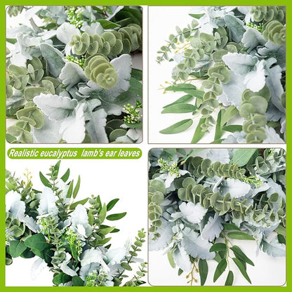 26 Inch Eucalyptus Front Door Wreath for All Season, Large Greenery Lambs Ear Wreath Use for Home Decor Porch Outdoor Indoor Hanging, Modern Farmhouse Style