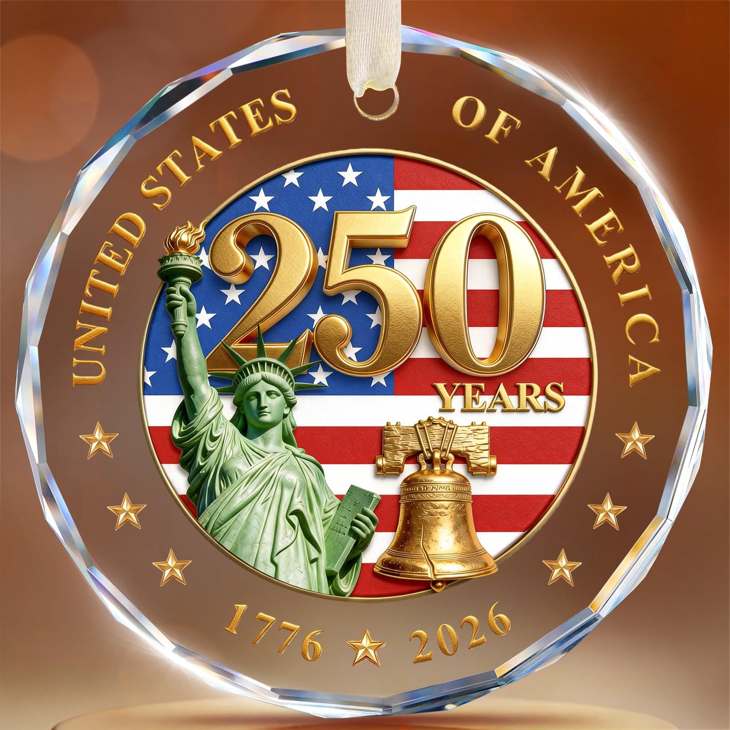 250 Anniversary USA Ornament for 4th of July Decorations - Crystal Glass Patriotic Christmas Ornaments - 1776-2026 Statue of Liberty Bell & US Flag Keepsake - Independence Day Souvenir Gifts