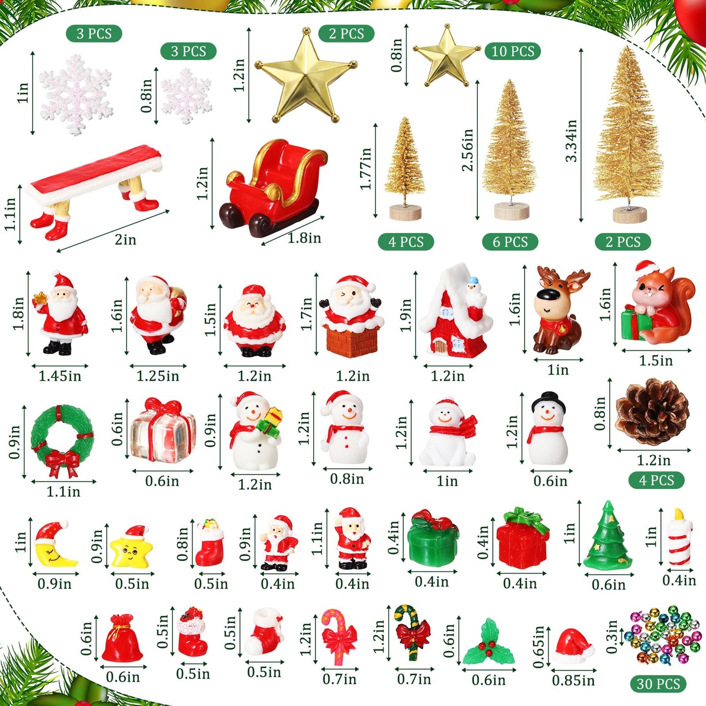 Roowest 96 Pcs Miniature Ornaments for Snow Globe Kit DIY Christmas Village Decoration Christmas Figurines Mini Ornaments with Snowman Reindeer Santa Claus Snowflake(Gold)