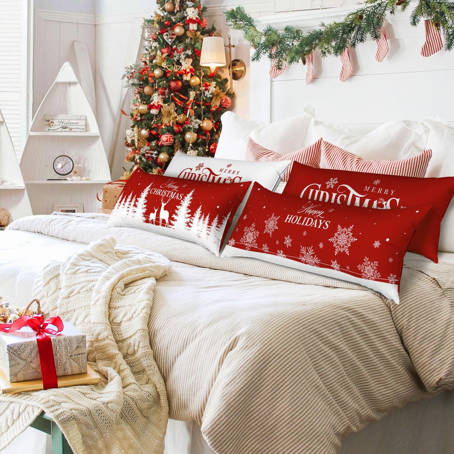 Lanpn Christmas Lumbar Pillowcase 14x36 Set of 2, Red Christmas Tree Snowflake Pillow Cases 14 x 36 Long Big Rectangle Lumbar Bed Pillow Covers Winter Holiday Xmas Throw Pillow Cushion Cover 2 Pack