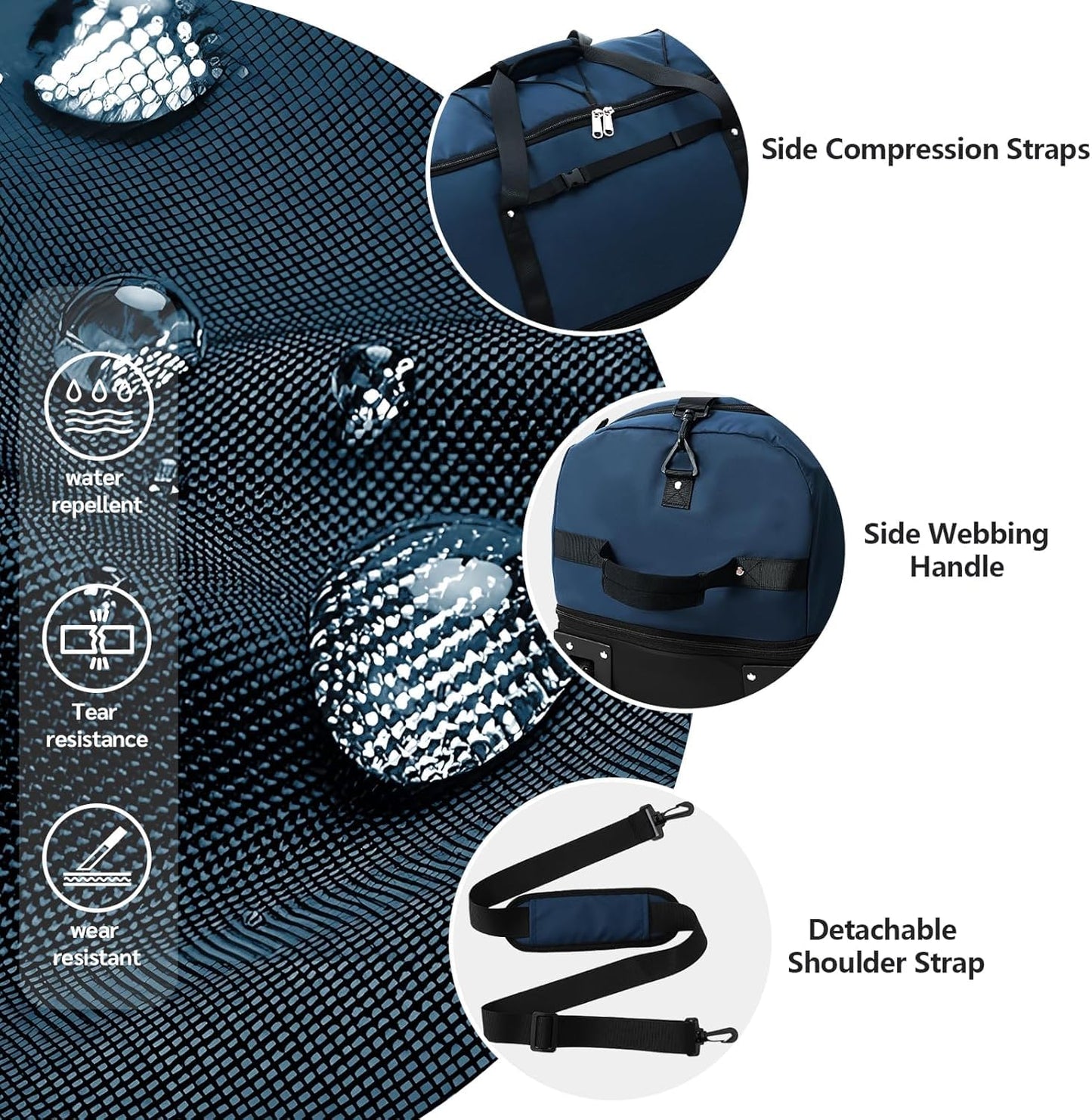 XWFB Rolling Duffle Bag with Wheels,110L/140L Expandable Soft-Sided Foldable Duffle Bag with 2 Rubber Wheels,Packable 32” Rolling Carry-On with Multi-Pockets & Compartments (Dark blue)