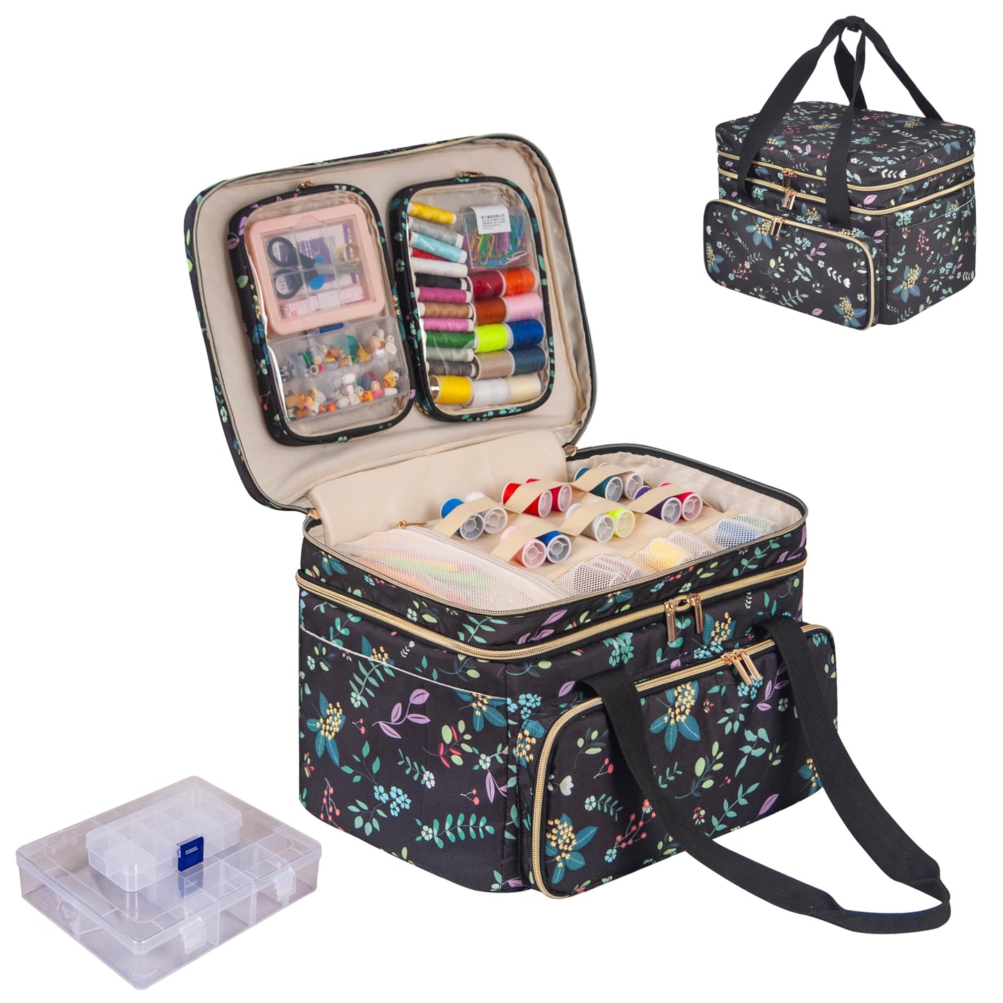 Remobia Hicol Double Layer Sewing Organizer - Bonus 2 Clear Plastic Boxes/2Detachable Pouches, Extra Large Capacity Bag for Threads, Needles & Craft Supplies (Black Leaves)