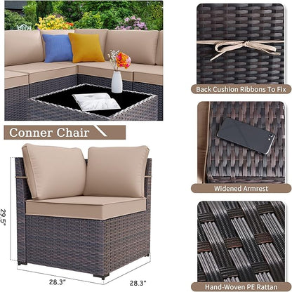 Kurapika 10 Pieces Patio Furniture Set, Rattan Wicker Outdoor Conversation Sets w/43in Propane Fire Pit Table, Swivel Rocking Chairs Patio Sectional Sofa w/4 Inch Cushion, Sand