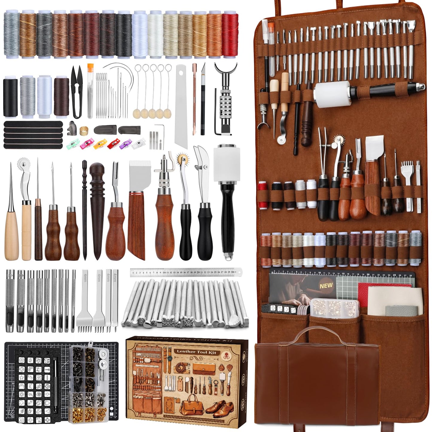 CBHGFEA Leather Working Kit, Leather Working Tools and Crafting Kit with Custom Storage Bag, Engraving, Cutting, Sewing, Stamping, Sanding Supplies for DIY Handicraft Making and Repair