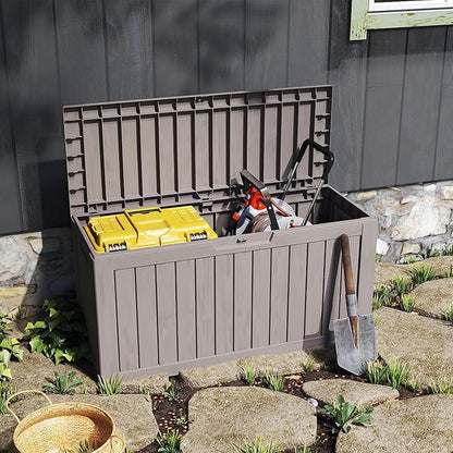 80 Gallon Coffee Resin Deck Box - Rustic Outdoor Storage for Garden Tools, Patio Essentials & Package Delivery - Weatherproof, Lockable for Farmhouse Decks
