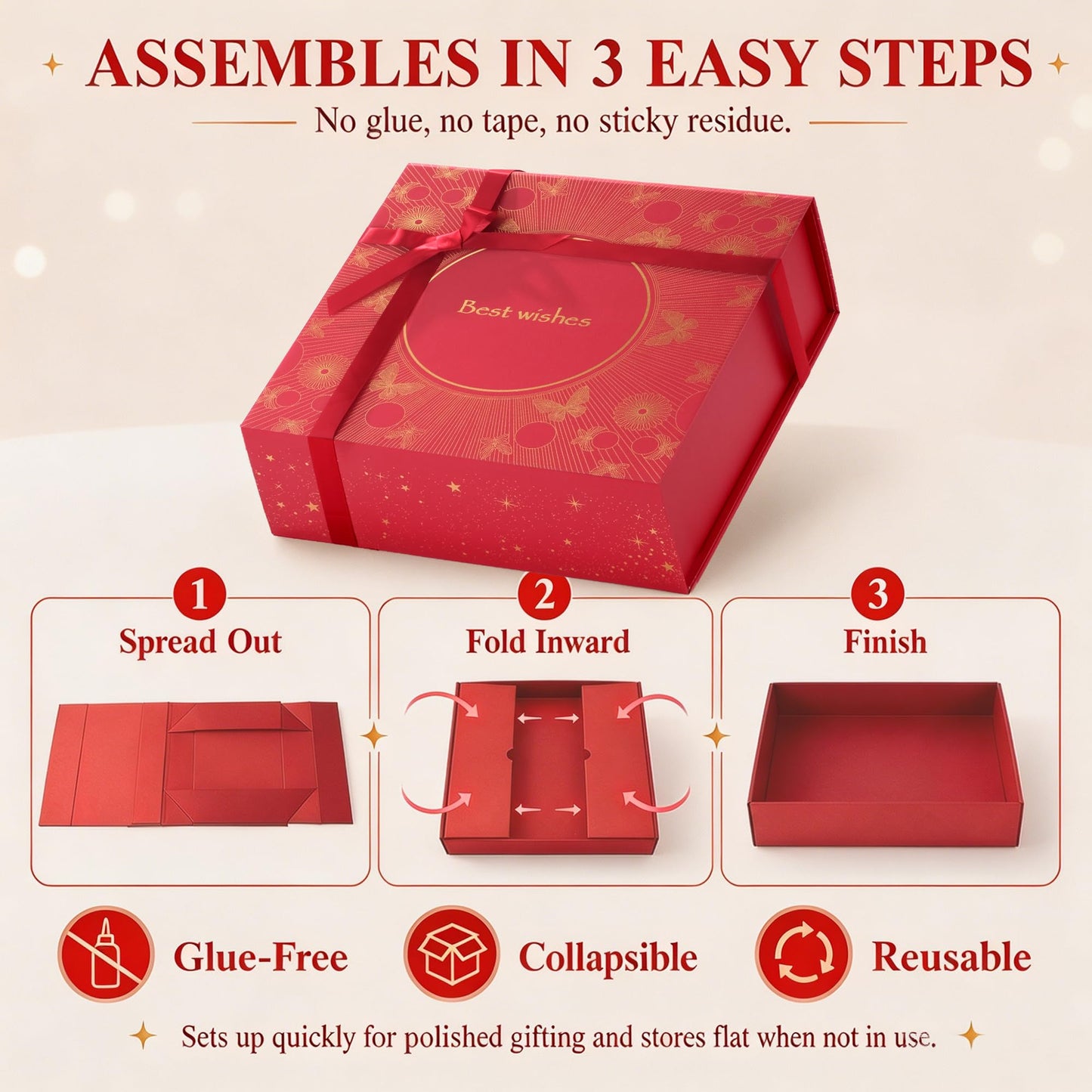 Amalee Gift Box with Lid 12x12x4 Inches, Large Red Magnetic Box Set with Gift Bag, Card, Ribbon & Tissue Paper, No Glue Needed Packaging for Bridesmaid Proposal, Wedding, Birthday Party