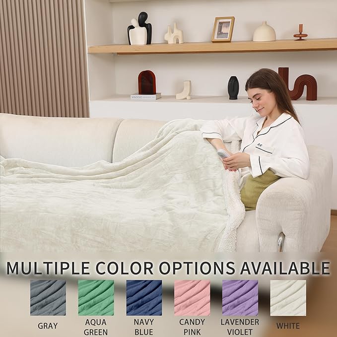 Electric Blanket King, Dual Control Heated Electric Blanket King Size with Flannel & Sherpa, Machine Washable Plush Heated Blanket 5 Heating Levels & 10 Hours Auto Off, Fast Heating, 100" x 90", White