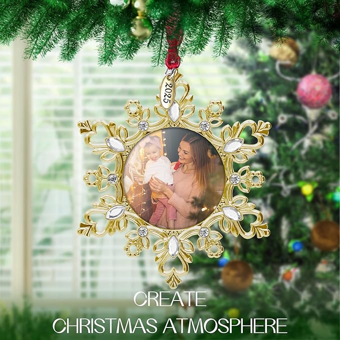 Laraine Christmas Tree Ornaments – Decorative Hanging 2025 Holiday Keepsake Gift Snowflake Pendant with 2” Photo Frame Insert for Picture of Pet (Snowflake Gold (2025))
