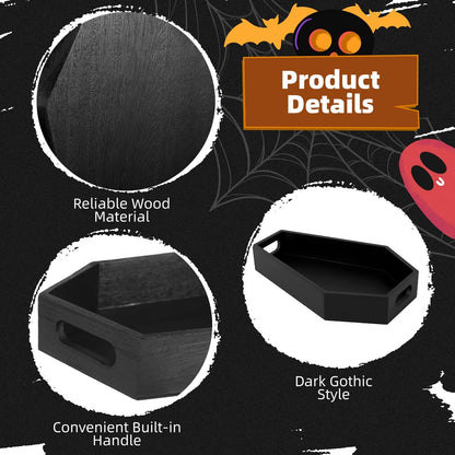 Halloween Coffin Tray, Gothic Coffin Shape Serving Board with Built-in Handles, Black Halloween Spooky Decor, Creepy Wooden Serving Tray for Candy, Snacks, Charcuterie, Jewelry, Makeup