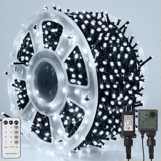 LJLNION 1000LED Christmas Lights, Extra Long 328FT Xmas Green Wire Fairy String Lights Plug in Outdoor, Remote Control & 8 Lighting Modes, Waterproof for Wedding Party Bedroom Decorations, White