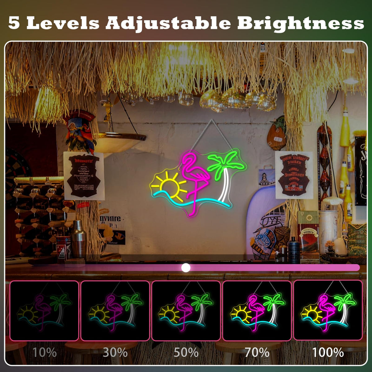 Flamingo Sun Palm Tree Neon Signs for Wall Decor Funny Dimmable LED Neon Light Sign USB Powered for Home Bar Cart Summer Beach Restaurant Man Cave Decor Beer Cafe Bistro Club Party