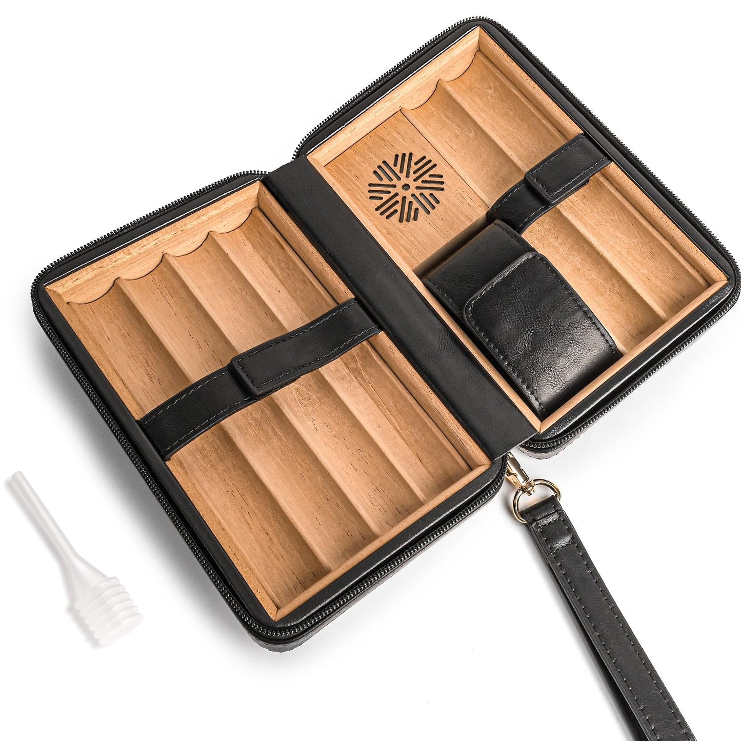 Portable Cigar Humidor Travel Case, Leather & Wood Cigar Box with Humidifier for 6 Cigars, Ideal for Travel and Desktop Storage, Compact and Durable Design
