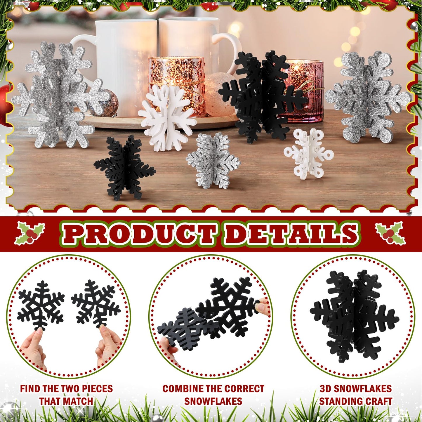 Wenqik 16 Pcs Winter Wooden Snowflake Decor Christmas Winter Snowflake Tabletop Decorations 3D Snow Table Signs Standing Centerpiece Xmas Tiered Tray Decorations for Party(White, Black, Silver)