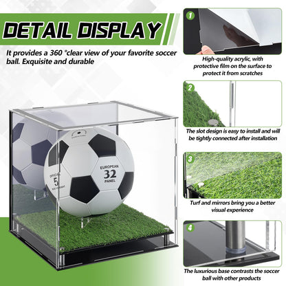 Geelin Soccer Ball Display Case with LED Light, 12" x 11" x 10.5" Light up Acrylic Clear Display Case Box with Mirror Back and Turf Grass, Storage Cube for Soccer Ball Memorabilia Collector Gift