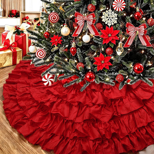 tiosggd Red Ruffle Tree Skirt Decor, 48 Inches 6-Layer Large Fluffy Poinsettia Tree Skirt for Artificial Trees 6-7 FT, Vintage Rustic Farmhouse Wedding Engagement Party Christmas Decorations Ornaments