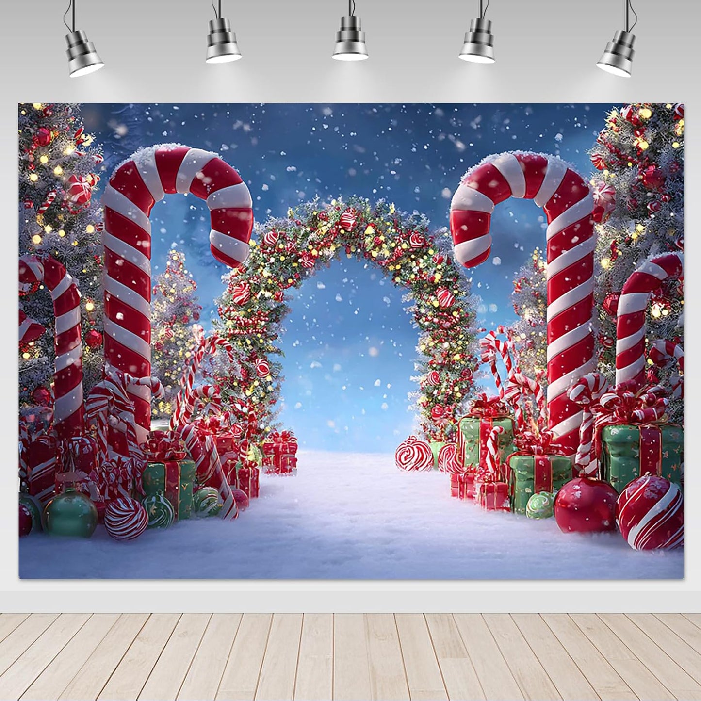 Mocsicka Christmas Candy Cane Photography Backdrop Winter Candyland Christmas Eve Party Decorations Background Christmas Tree Garland Photo Prop Supplies (10x8ft)