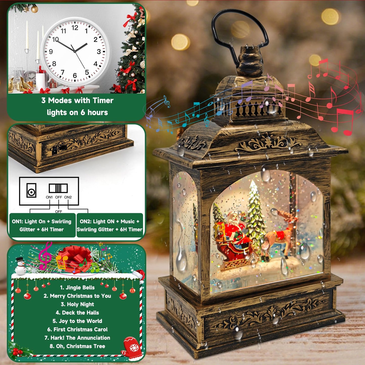 Christmas Snow Globes Lantern Lighted Water Glittering,with Santa Claus Projection/6H Timer/Music,Christmas Decorations Indoor-USB/Battery Operated-Gifts for Kids Adults-with Snow Scene Background