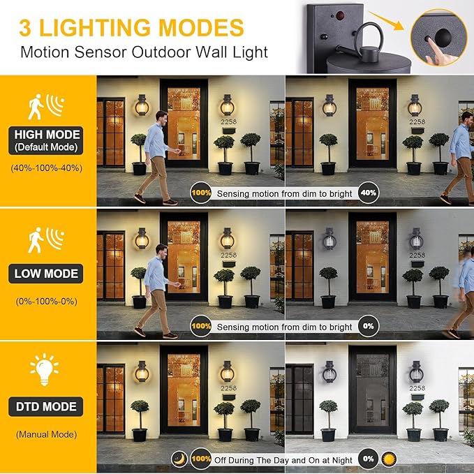 Motion Sensor Industrial Outdoor Sconce Modern Exterior Wall Mounted Light Fixture Waterproof Outdoor Wall Lantern, Matte Black Outside Lamp with Seeded Glass for House, Porch, Garage