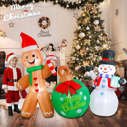 5 FT Christmas Inflatable Outdoor Decorations, Inflatable Snowman and Gingerbread Man with Christmas Ball Built-in LED Lights Blow Up Yard Decorations for Holiday Indoor Outdoor Party Garden Lawn