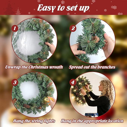 FR Artificial Pre-Lit Fir Christmas Wreath Holiday Accent Decoration, Wintry Pine, Decorated with Pine Cones, with LED Lights Battery Operated for Door, Mantel - 20 Inch