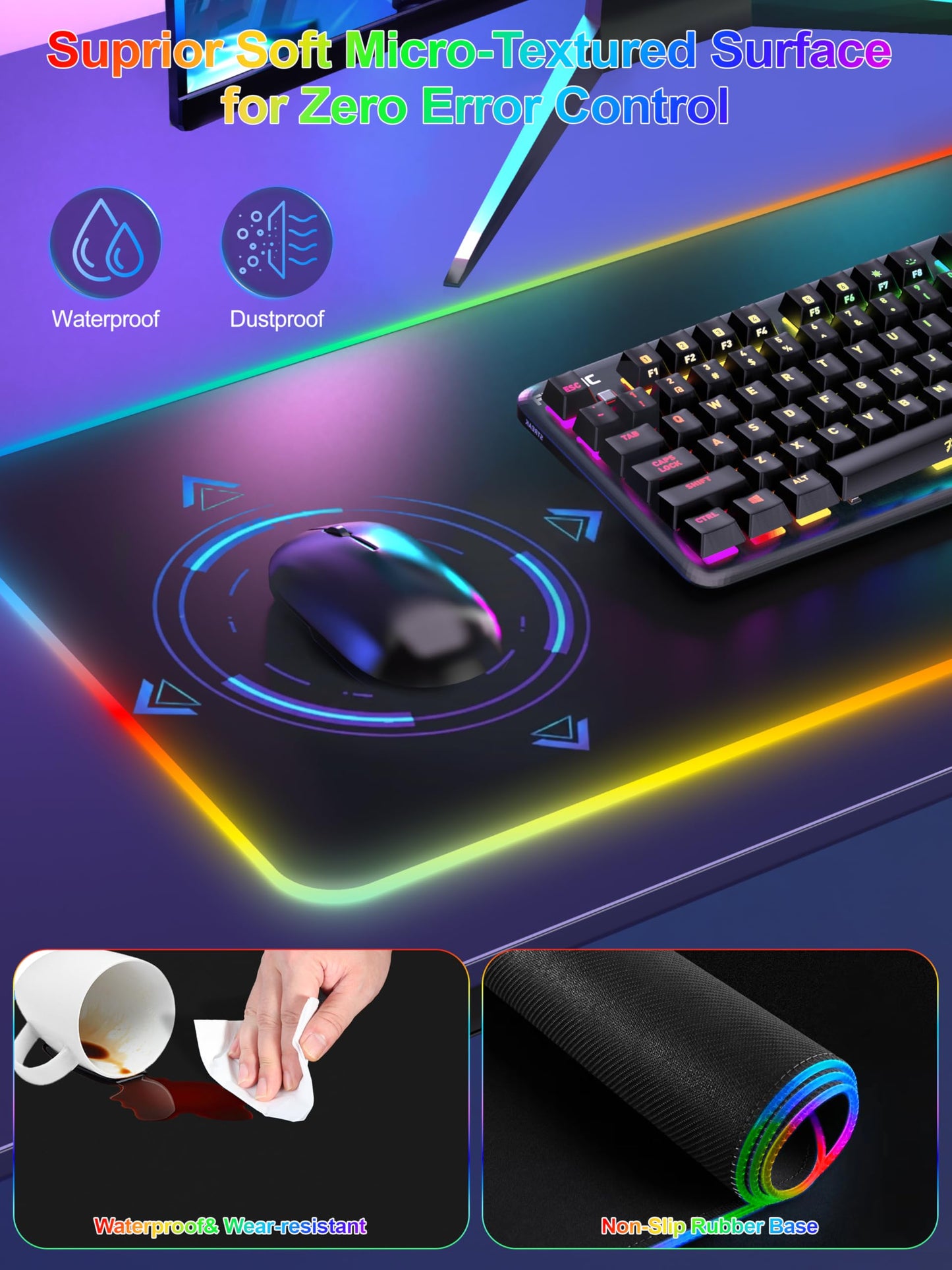 Mouse Pad with 15W Wireless Charging, RGB Gaming Mousepad, 31.5"x11.8" Large XXL Desk Mat, 16 Lighting Modes Keyboard Pad with Non-Slip Rubber Base, Waterproof Computer Mat for Gaming, Black-Right