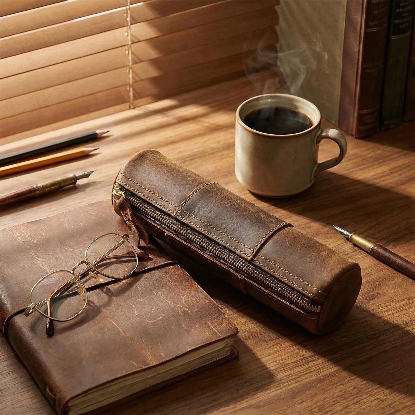 Yeedonzo Leather Pencil Case, Full Grain Zippered Pen Pouch & Multifunctional Organizer, Brown Stationery Bag for Work & Office Supplies