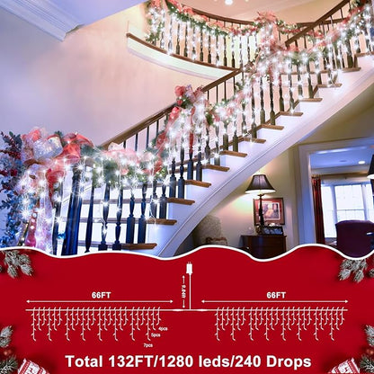XURISEN 132ft Christmas Lights Decorations Outdoor, 1280 LED 8 Modes Fairy Lights with 240 Drops,Plug in Waterproof Timer Memory Function for Christmas Holiday Wedding Party Decorations(Cool White)