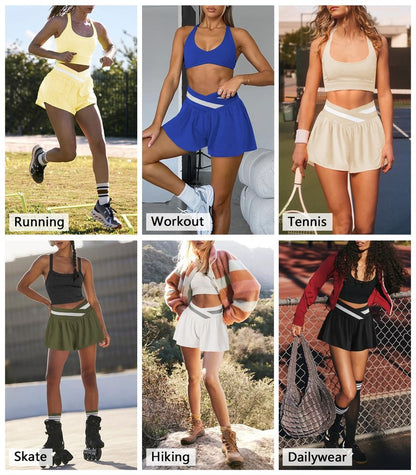 Hragc Womens Athletic Workout Apricot Shorts Flowy Butterfly Elastic Crossover High Waisted 2 in 1 Running Shorts with Pockets for Women Large
