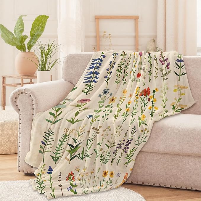 Wildflower Botanical Throw Blanket for Boys Girls Kids Adults Women, Fuzzy Warm Soft Cozy Flannel Blankets Gifts for Bedroom, Couch, Travel, Home Decor 50x60 in