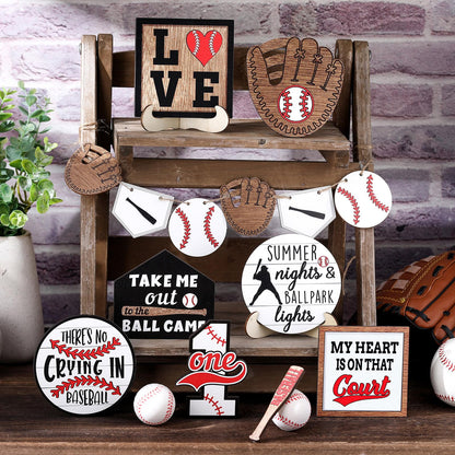 13 Pcs Baseball Tiered Tray Decor Wooden Table Centerpieces Rustic Wooden Baseball Game Sign for Fans Theme Party Ceremony
