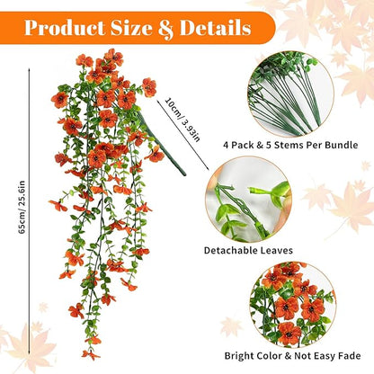 Artificial Flowers for Fall Decor, Artificial Hanging Flowers for Outdoors, 4pcs Realistic Faux Daisy Baskets Fake Plants, Autumn Leaves for Thanksgiving Garden Front Porch Courtyard Patio (Orange)