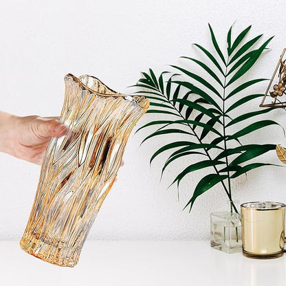 Glass Vase for Flowers, Gold Amber Clear Glass Vases for Centerpieces, Crystal Vase for Home Table Flower Decor 9.1 inches Tall