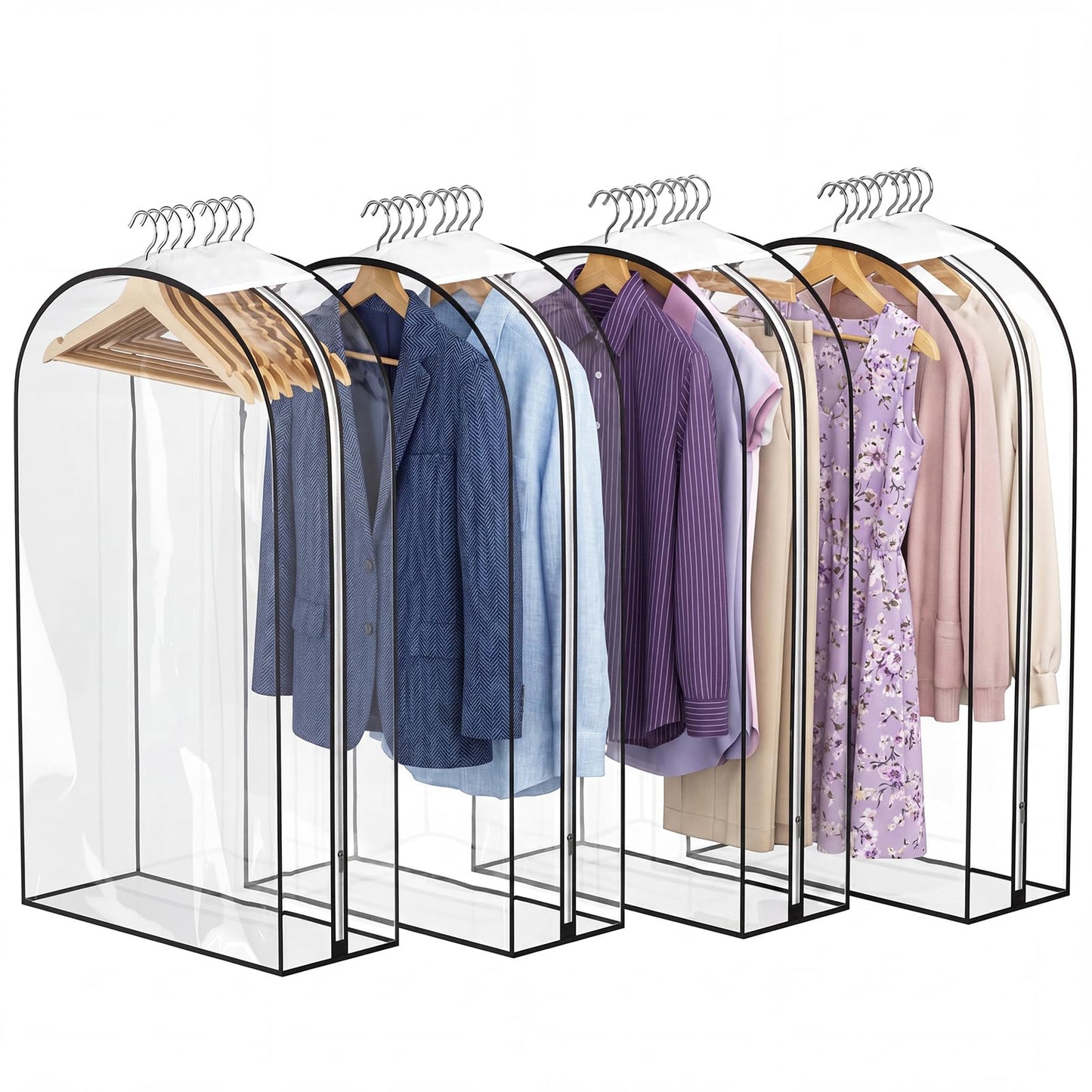 4 Pack Full Clear Garment Bags with Side Zipper, 40" Clothes Covers with 10" Gusset, Transparent Hanging Suit & Coat Covers for Closet Storage, Jackets, Dresses, Windbreakers