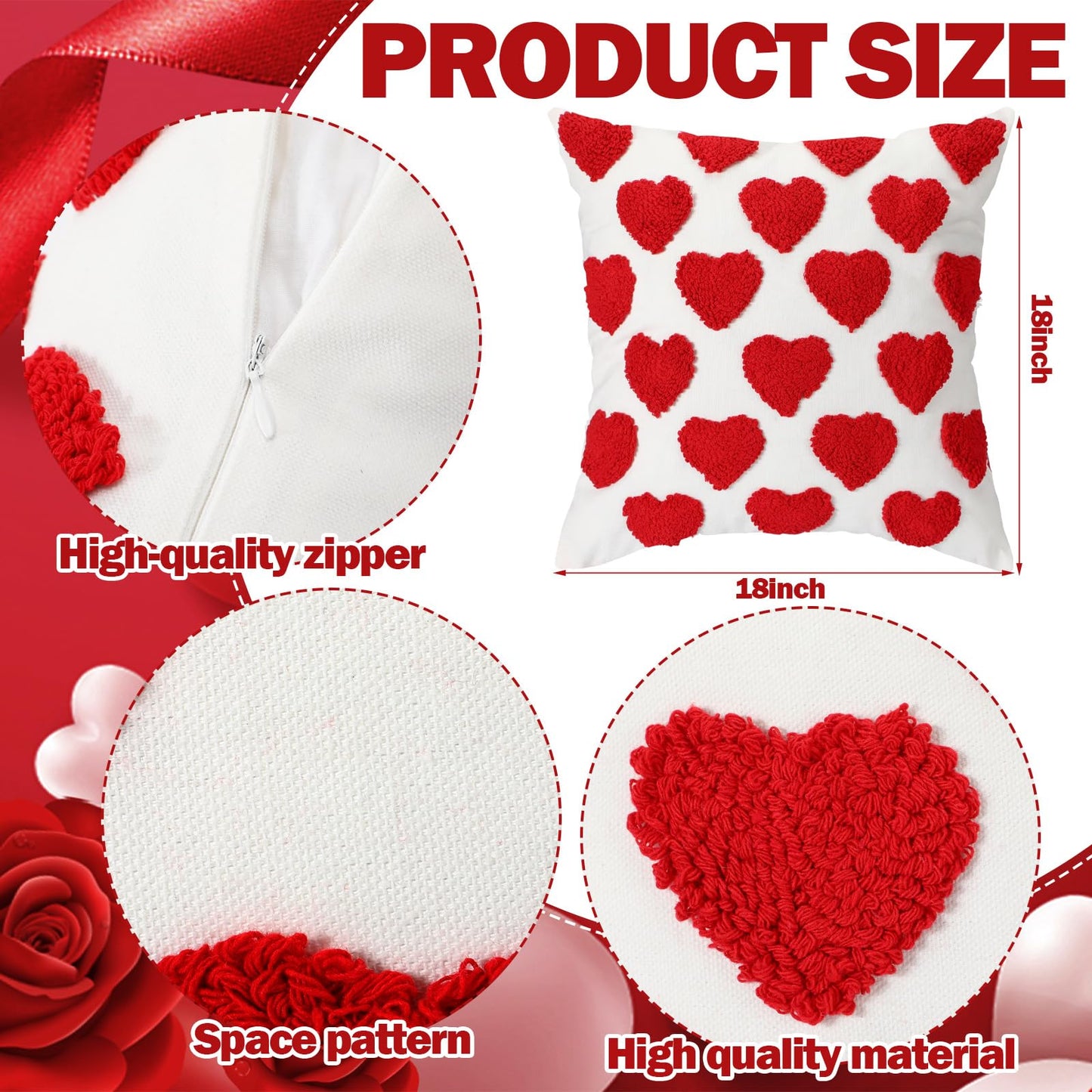 Fourluoo 4 Pcs Valentine's Day Throw Pillow Covers 18x18 Inch Soft Heart Decorative Pillowcase Plush White Red Soft Plush Pillow Covers Cushion Case Decorations for Sofa Living Room Valentine Gift