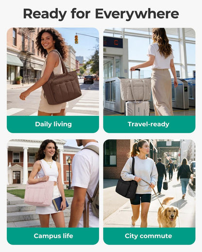 BAGSMART Tote Bag for Women, 2 Set Puffer Tote Bag with Zipper, Quilted Nurse Handbags for Work Travel College, Chocolate