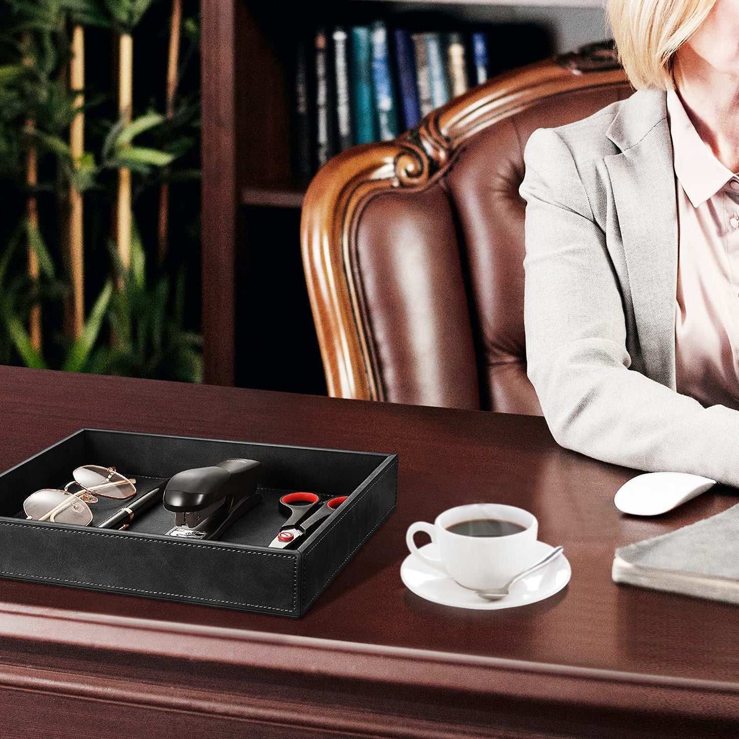 SITHON Valet Tray Desk Organizer, PU Leather Catchall Bedside Vanity Tray Nightstand Caddy Coin Box Key Jewelry Storage Organizer, Graduation, Black