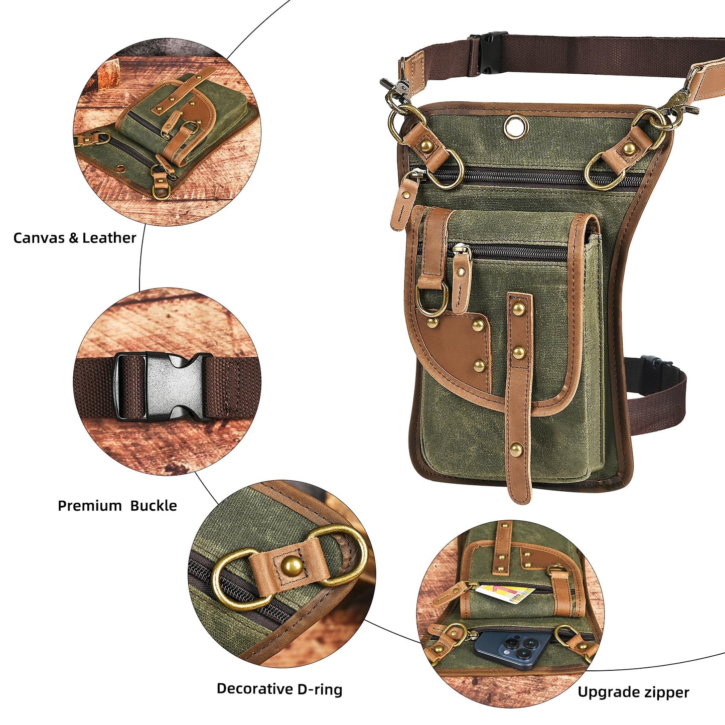 Handadsume Canvas + Leather Motorcycle Travel Fanny Waist Pack Drop Thigh Leg Bag Pouch For Men Women FB2141 (2141-The Army Green)