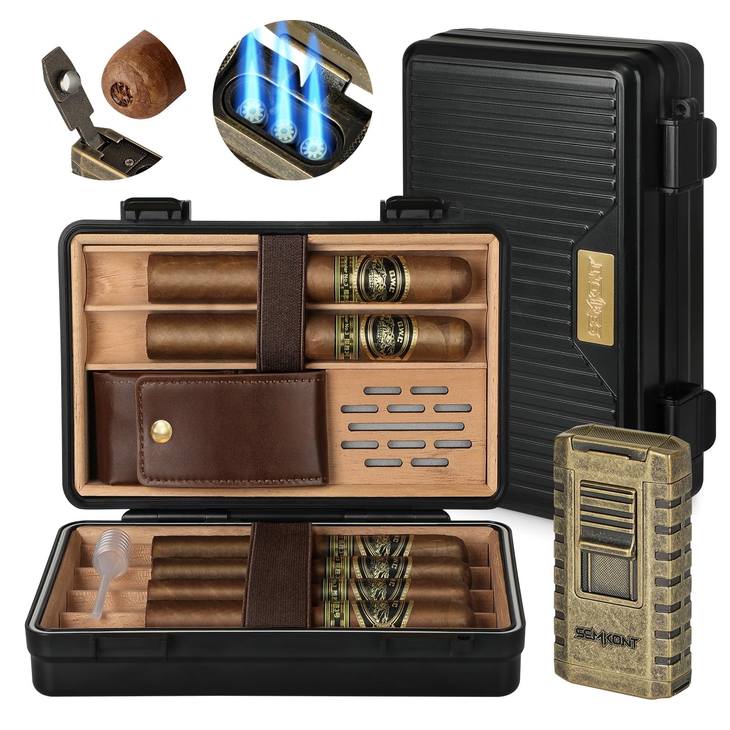 SEMKONT Travel Cigar Humidor, Portable Cedar Wood Lined Cigar Box, Waterproof Anti Pressure Sealed Cigar Storage Case, With Humidifier and Cigar Lighter Set, Can Holds 6 Cigars(Butane Not Included)
