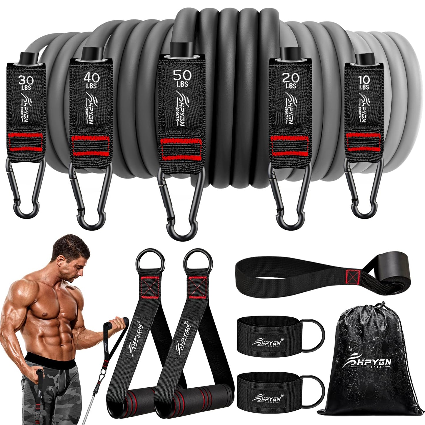 HPYGN Resistance Bands, Exercise Bands with Handles, Fitness Bands, Workout Bands with Door Anchor and Ankle Straps, for Heavy Resistance Training, Physical Therapy, Shape Body, Yoga, Home Workout Set