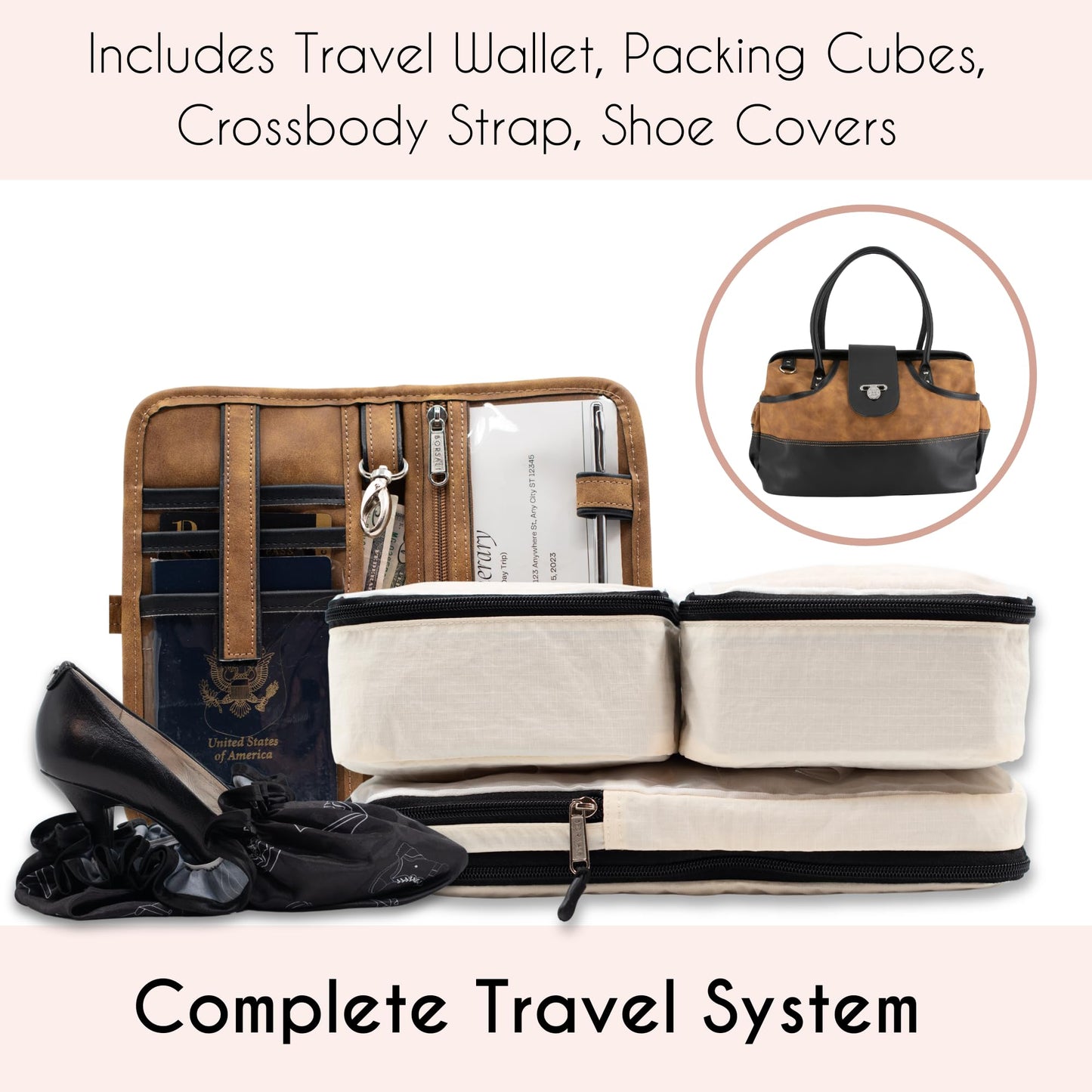 Borsali Weekender Bag for Women - Travel Carry On Duffel -Vegan Leather with Travel Wallet, Packing Cubes & Shoe Covers (Brown)