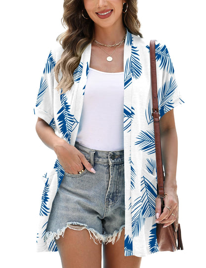 Micoson Women's Lightweight Open Front Kimono Cardigan with Pockets Short Sleeve Casual Loose Cover Up Floral White Blue L