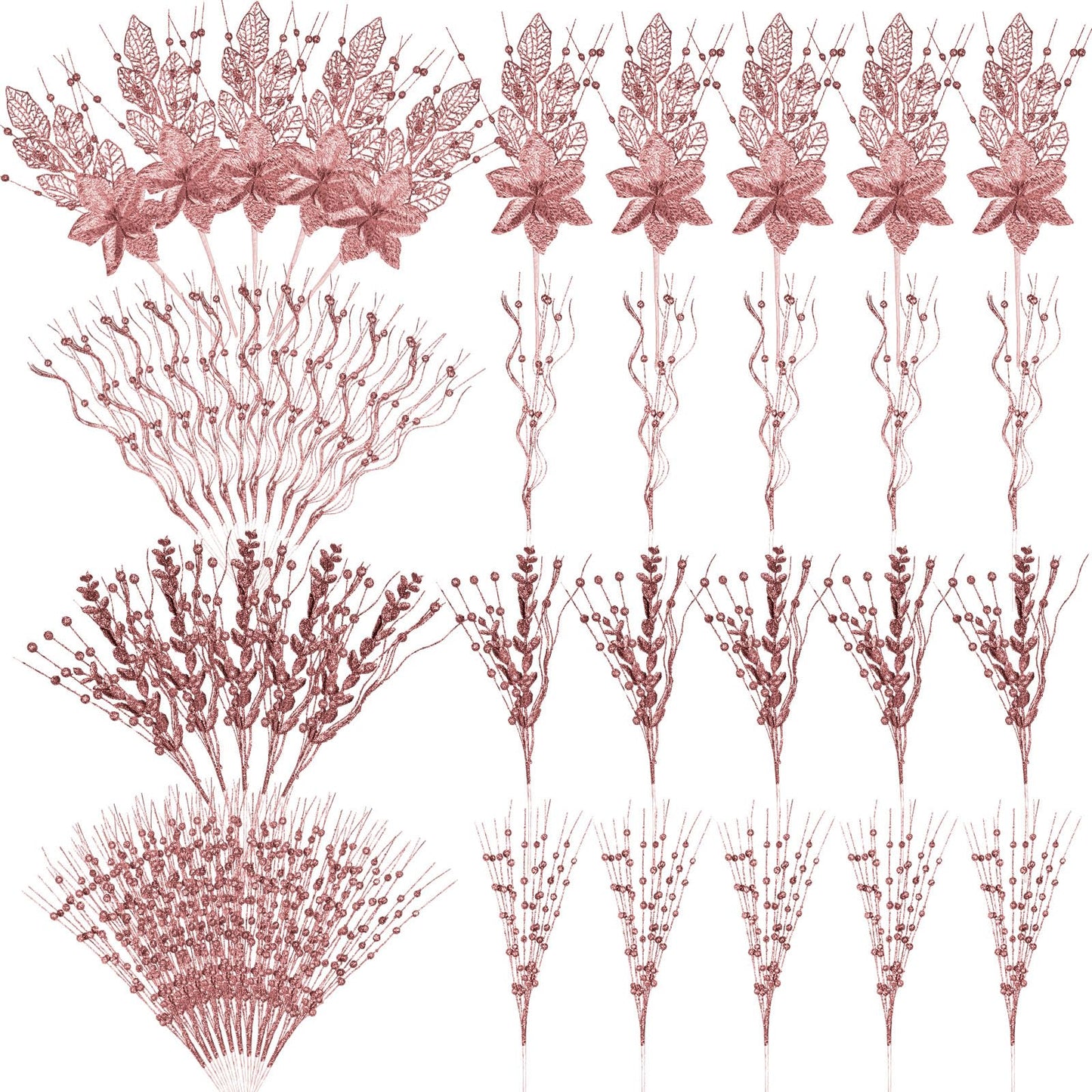 Syhood 30 Pack Holiday Vase Picks and Sprays Glitter Artificial Poinsettia Flower Berry Stems Ornaments Tree Picks Branches Curly Wispy Twigs Sticks for DIY Craft Wreath Decor(Rose Gold)