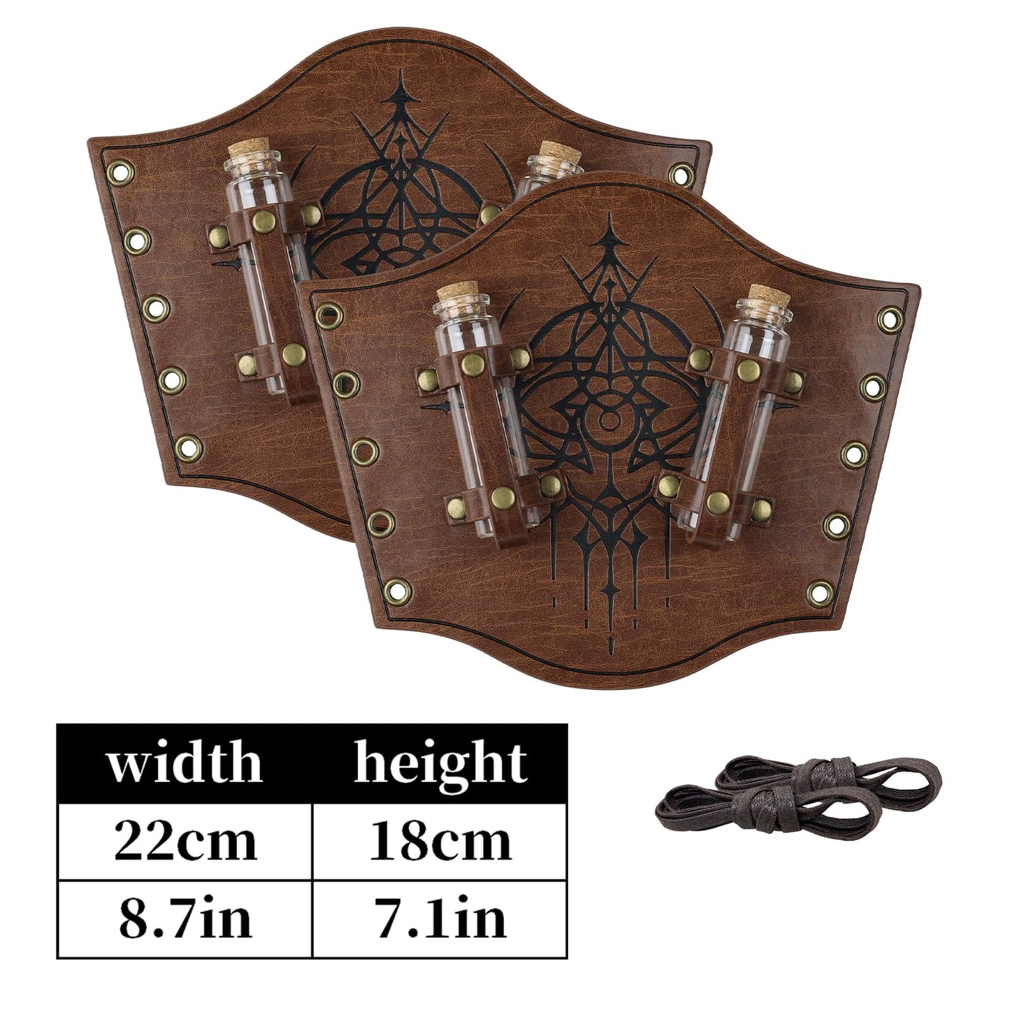 HiiFeuer Women’s Medieval Embossed Alchemy Bracers with 2 Cork Vials, Fantasy Faux Leather Buckle Arm Guards Archer Gauntlets (Brown B)