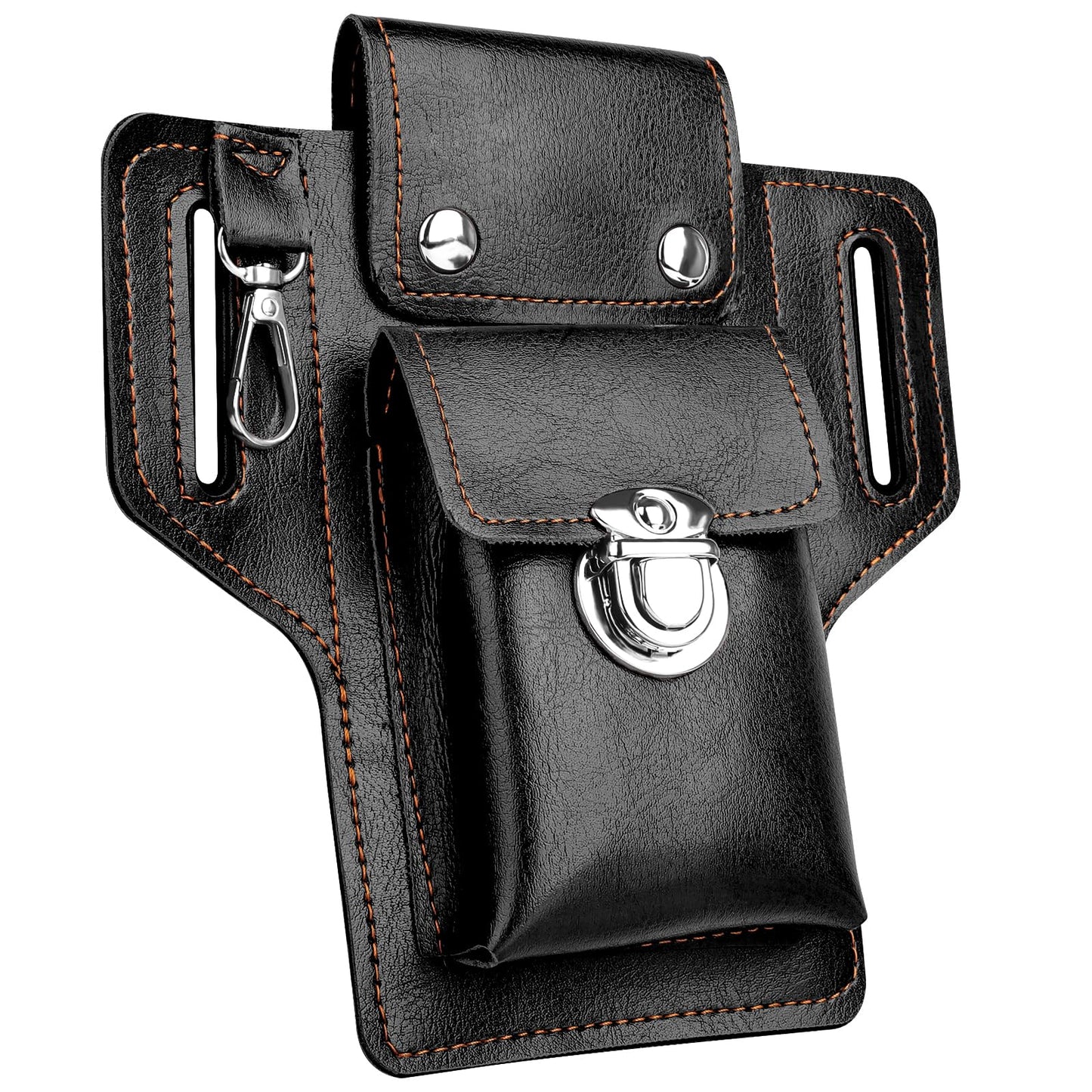 Leather Phone Holster for iPhone 17/16/15/14/13/12/their Pro & Pro Max, Belt Clip Cell Phone Case for Galaxy S25/S24/S23, Multitool Magnetic Closure Belt Pouch, Fits All Phones up to 7" (Ebony)